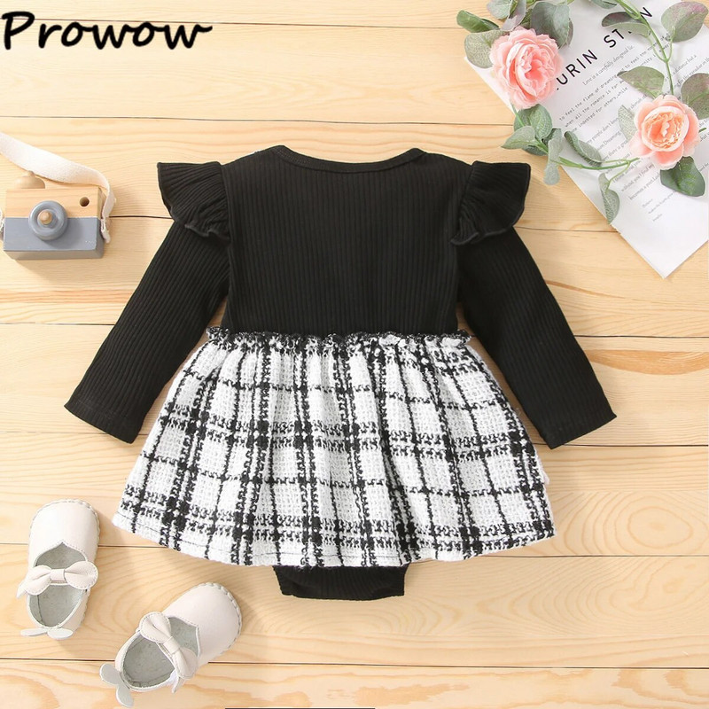 Prowow 0-18M fekete kockás baba szoknyás body csecsemőknek Összefűző Tweed Romper ruhakészlet Téli újszülött ruhák
