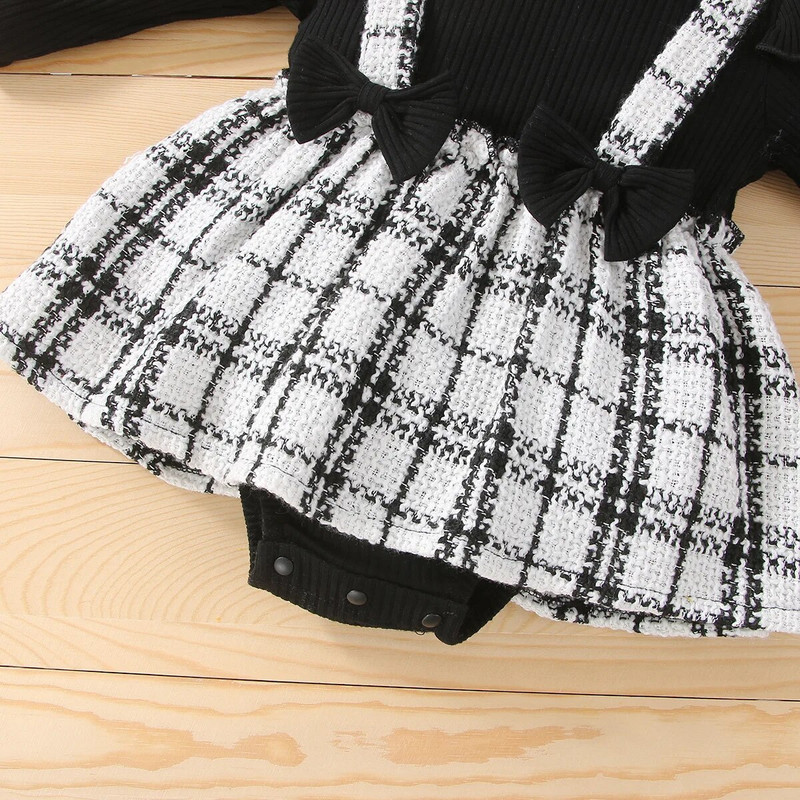 Prowow 0-18M fekete kockás baba szoknyás body csecsemőknek Összefűző Tweed Romper ruhakészlet Téli újszülött ruhák