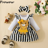 Prowow 0-18M Őszi Téli Kislány Ruhák Outfit Bear Print Romper és Rajzfilm Stripes Medve Ruha Lányoknak Újszülött szett