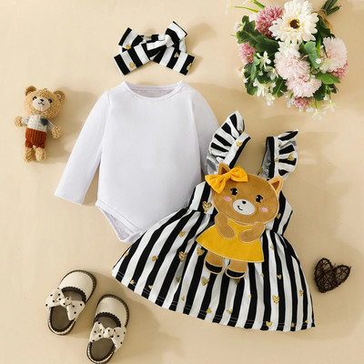 Prowow 0-18M Őszi Téli Kislány Ruhák Outfit Bear Print Romper és Rajzfilm Stripes Medve Ruha Lányoknak Újszülött szett