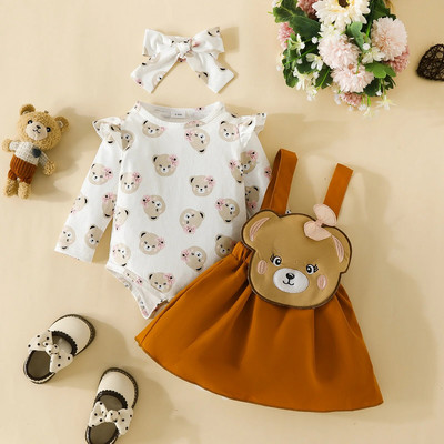 Prowow 0-18M Őszi Téli Kislány Ruhák Outfit Bear Print Romper és Rajzfilm Stripes Medve Ruha Lányoknak Újszülött szett