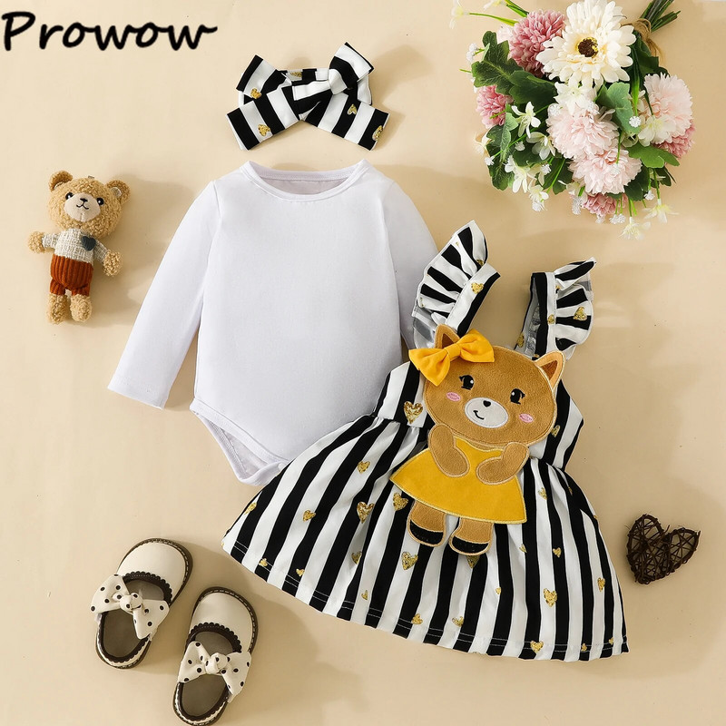Prowow 0-18M Őszi Téli Kislány Ruhák Outfit Bear Print Romper és Rajzfilm Stripes Medve Ruha Lányoknak Újszülött szett