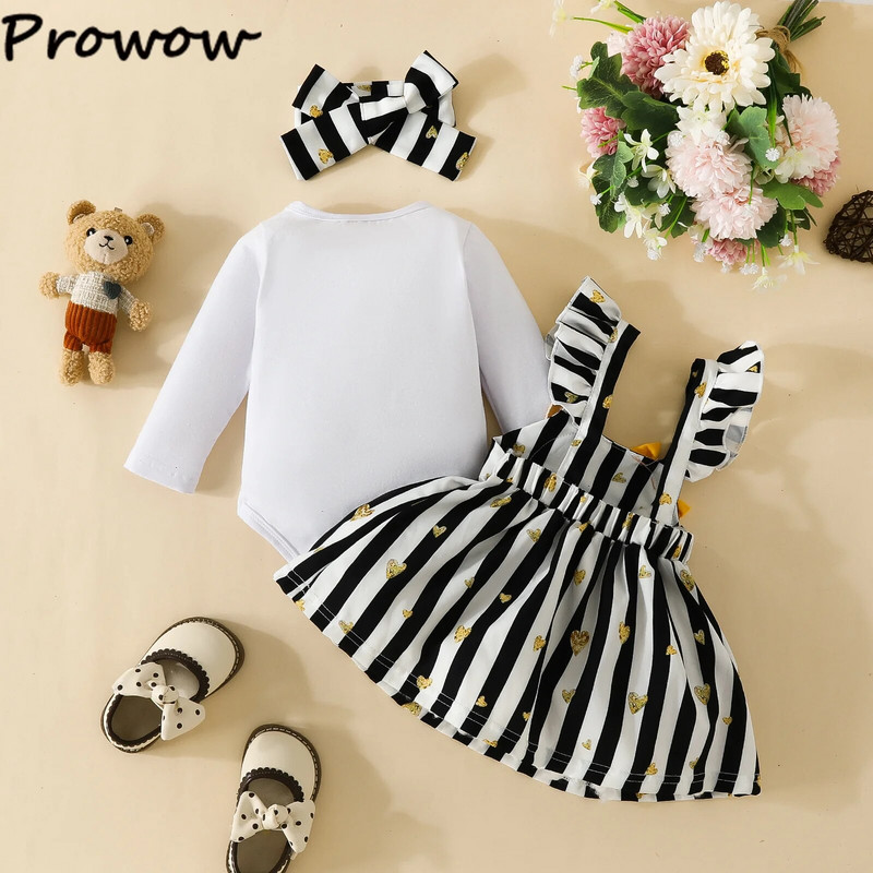 Prowow 0-18M Őszi Téli Kislány Ruhák Outfit Bear Print Romper és Rajzfilm Stripes Medve Ruha Lányoknak Újszülött szett