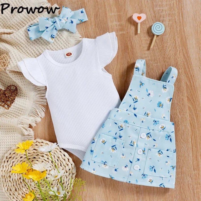 Prowow 0-18M divatos nyári baba öltözék szett légy ujjú tömör nadrág+virágos függőruha újszülötteknek Ruha lányoknak