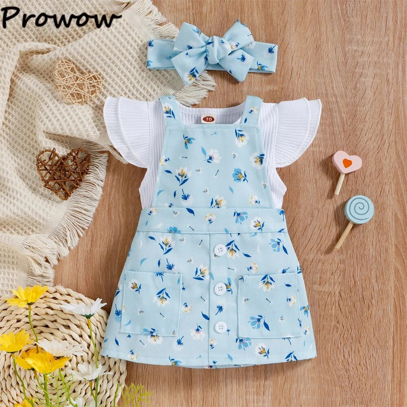 Prowow 0-18M divatos nyári baba öltözék szett légy ujjú tömör nadrág+virágos függőruha újszülötteknek Ruha lányoknak
