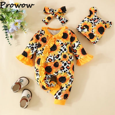 Prowow 0-18M 3db Őszi Téli Baba Jumpsuit Lányoknak Fodros Napraforgó Romper Aranyos Onesie+Fejpántos sapka Újszülött kislány ruhák