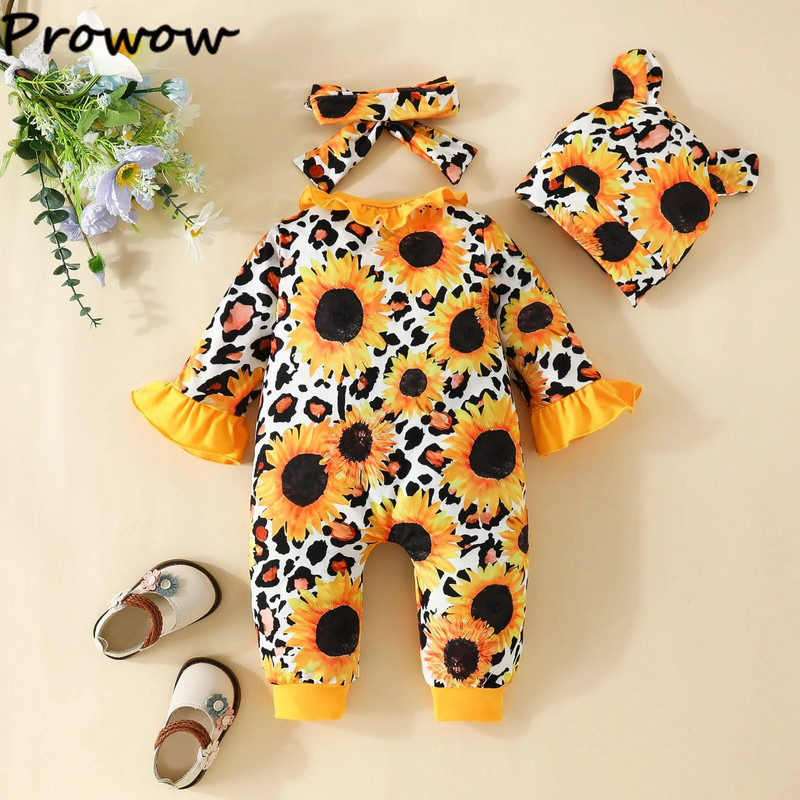Prowow 0-18M 3vnt Rudens žiemos kombinezonas mergaitei, saulėgrąžų šliaužtinukas Mielas Onesie+kepurėlė su galvos apdangalu naujagimių mergaičių drabužėliai