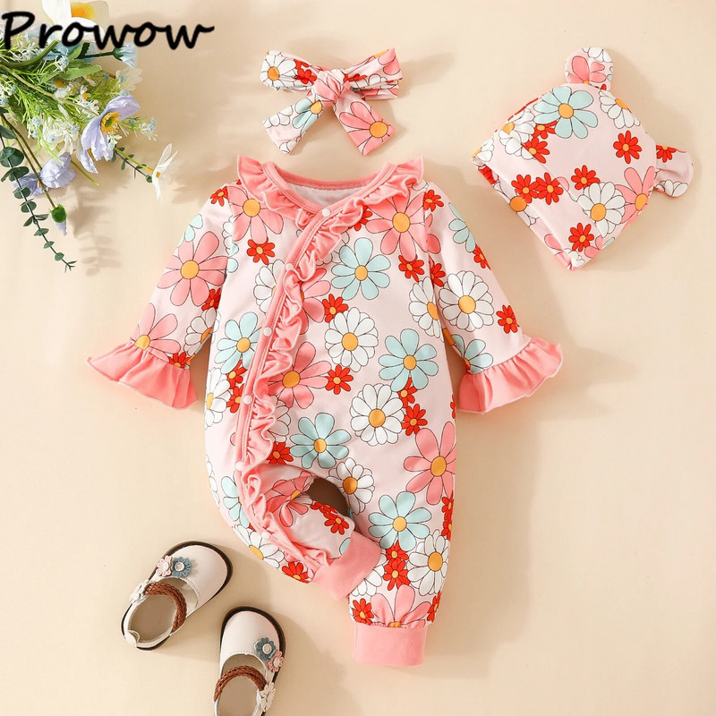 Prowow 0-18M 3vnt Rudens žiemos kombinezonas mergaitei, saulėgrąžų šliaužtinukas Mielas Onesie+kepurėlė su galvos apdangalu naujagimių mergaičių drabužėliai