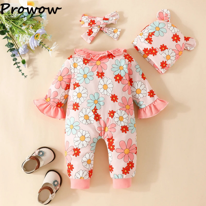 Prowow 0-18M 3vnt Rudens žiemos kombinezonas mergaitei, saulėgrąžų šliaužtinukas Mielas Onesie+kepurėlė su galvos apdangalu naujagimių mergaičių drabužėliai