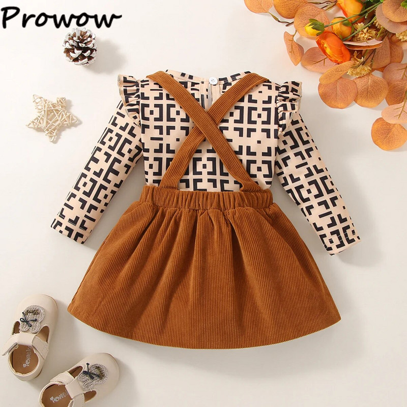 Prowow őszi téli baba szettek Retro nyomott body+barna kordbársony szoknya Divat újszülött ruhák készletek ruhák
