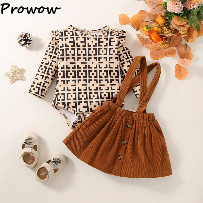 Prowow őszi téli baba szettek Retro nyomott body+barna kordbársony szoknya Divat újszülött ruhák készletek ruhák