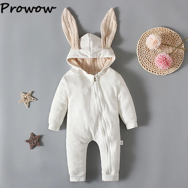 Prowow 0-18M Őszi Téli Babaruha Rajzfilm Nyúlfül Cipzáras Romper Jumpsuit gyerekeknek Újszülött Body Csecsemőknek