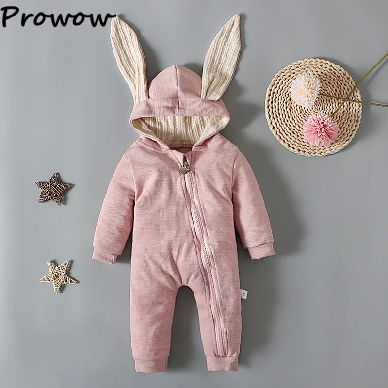 Prowow 0-18M Őszi Téli Babaruha Rajzfilm Nyúlfül Cipzáras Romper Jumpsuit gyerekeknek Újszülött Body Csecsemőknek