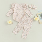 Baby Girls 3 db-os ruházati készletek hosszú ujjú fodros nadrág virágos nadrág fejpánt szettek