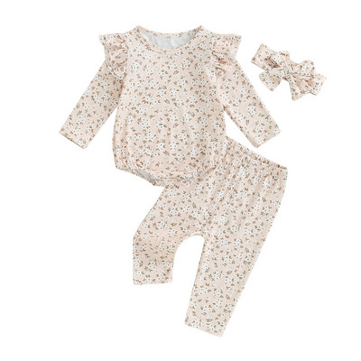 Baby Girls 3 db-os ruházati készletek hosszú ujjú fodros nadrág virágos nadrág fejpánt szettek