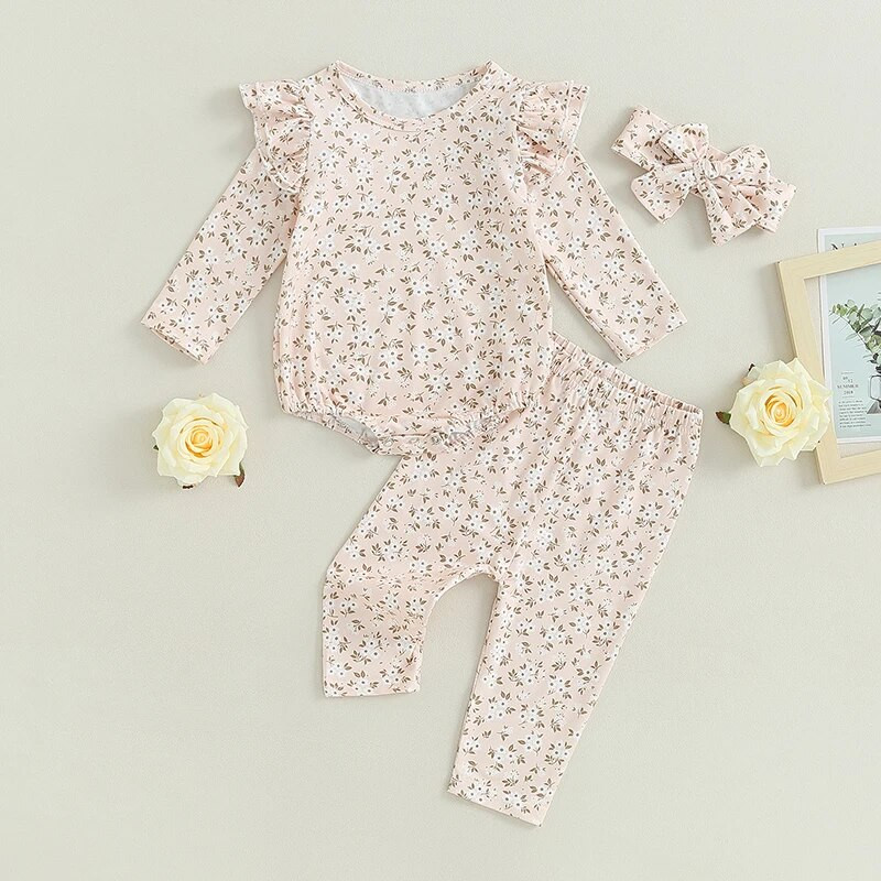 Baby Girls 3 db-os ruházati készletek hosszú ujjú fodros nadrág virágos nadrág fejpánt szettek