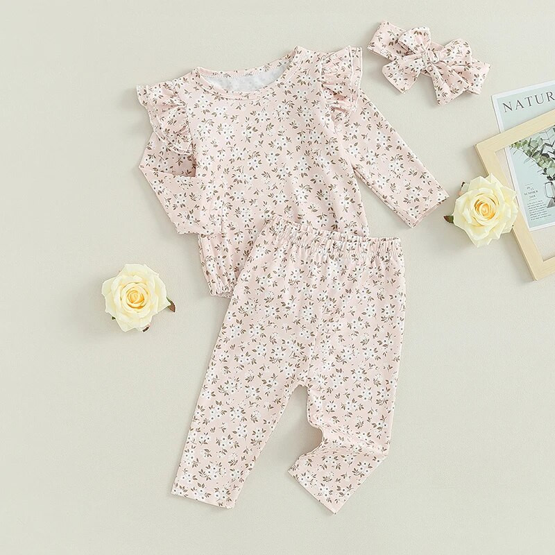 Baby Girls 3 db-os ruházati készletek hosszú ujjú fodros nadrág virágos nadrág fejpánt szettek