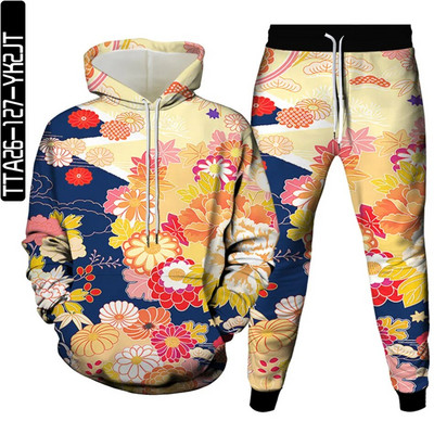 Új őszi férfi tréningruhák öltönyök sport 2 részes készletek női vintage virágmintás alkalmi ruhák pulóverek felsők+nadrág Sweat S-6XL