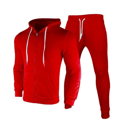 Férfi cipzáras, hosszú ujjú, kétrészes szett kapucnis edzőtermi fitneszruhával, egyszínű pulóveres kapucnis pulóverrel