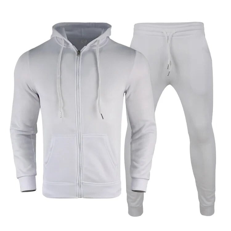 Férfi cipzáras, hosszú ujjú, kétrészes szett kapucnis edzőtermi fitneszruhával, egyszínű pulóveres kapucnis pulóverrel