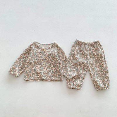 2023 Őszi Csecsemő Gyerek Lányok Teljes ujjú Egysoros Nyomtatott felső ing+nadrág Tipegő Gyerek Baba Gofri ruhakészlet 2db