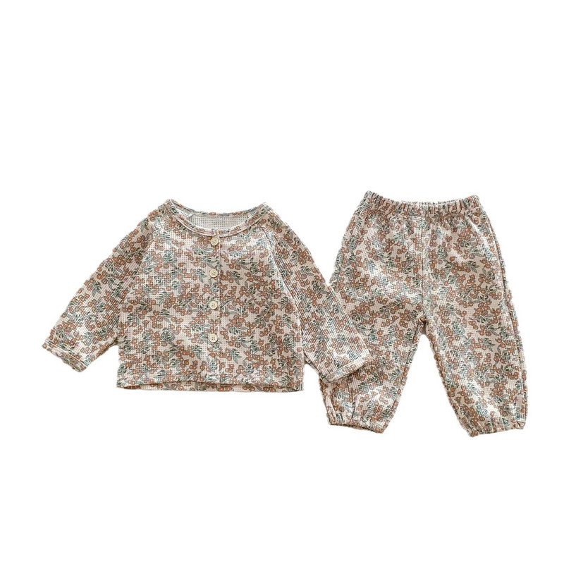 2023 Őszi Csecsemő Gyerek Lányok Teljes ujjú Egysoros Nyomtatott felső ing+nadrág Tipegő Gyerek Baba Gofri ruhakészlet 2db