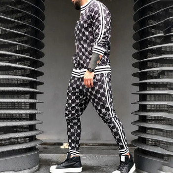 2023 Нов анцуг за фитнес Мъжки комплекти Джентълменско карирано яке + панталон Комплект от 2 части Пролетно спортно облекло 3D печат Спортен костюм Мъжки дрехи