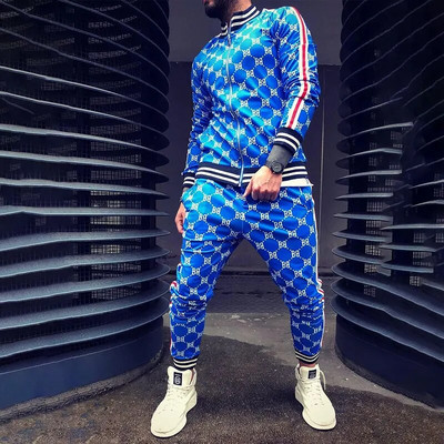2023 m. naujas sporto salės sportinio kostiumo vyriški komplektai, džentelmeniški languota striukė + kelnės, 2 dalių rinkinys pavasario sportinė apranga 3D spausdinimas sportinis kostiumas, vyriški drabužiai