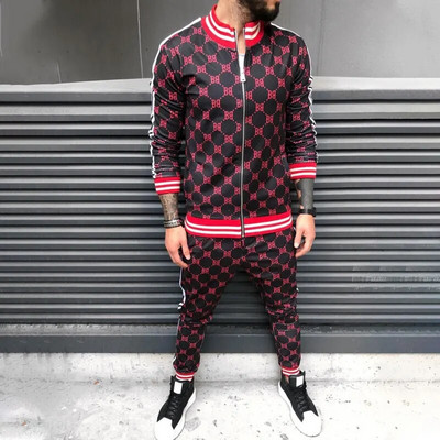 2023 m. naujas sporto salės sportinio kostiumo vyriški komplektai, džentelmeniški languota striukė + kelnės, 2 dalių rinkinys pavasario sportinė apranga 3D spausdinimas sportinis kostiumas, vyriški drabužiai