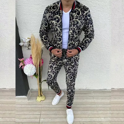 2023 m. naujas sporto salės sportinio kostiumo vyriški komplektai, džentelmeniški languota striukė + kelnės, 2 dalių rinkinys pavasario sportinė apranga 3D spausdinimas sportinis kostiumas, vyriški drabužiai