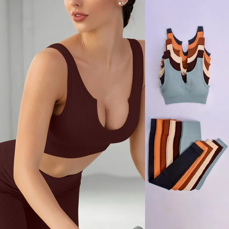 2db Zökkenőmentes jóga szett Fitness sportmelltartó magas derekú legging bordás kötött edzésruhák sportruházat öltöny Női edzőtermi ruhák