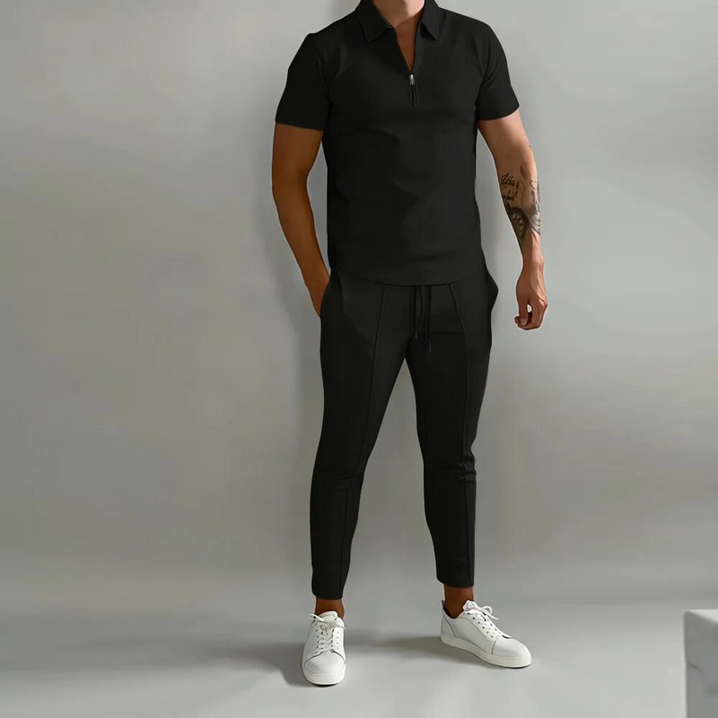 Nyári Trend Férfi Ruházat 2 részes Rövid ujjú Új Slim Fit Solid Party Kabát Nadrág Ifjúsági Sportruházat Kabát nadrág