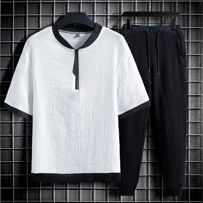 Férfi szettek forró kiárusítás kényelmes, légáteresztő, rövid ujjú kültéri, napi sportoláshoz, alkalmi pamut és lenvászon szett