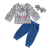 Kislány őszi ruhák sütőtök leopárdmintás fodrok hosszú ujjú pólók felsők nadrág fejpánt 3 db Halloween ruha szett