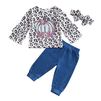 Kislány őszi ruhák sütőtök leopárdmintás fodrok hosszú ujjú pólók felsők nadrág fejpánt 3 db Halloween ruha szett