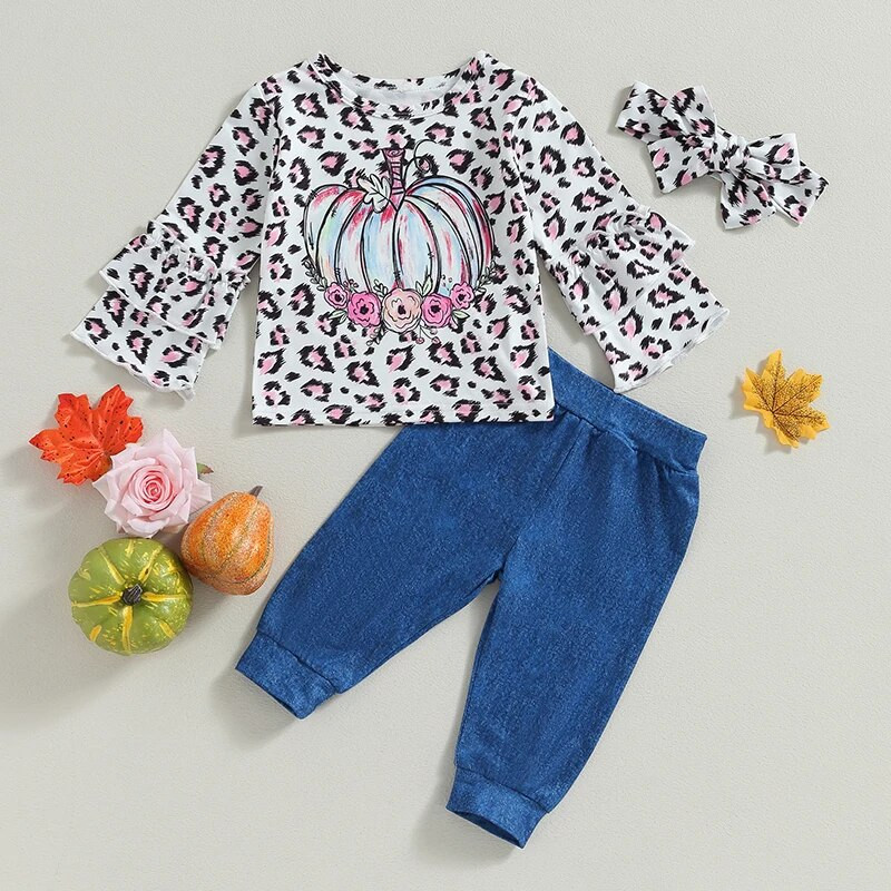 Kislány őszi ruhák sütőtök leopárdmintás fodrok hosszú ujjú pólók felsők nadrág fejpánt 3 db Halloween ruha szett