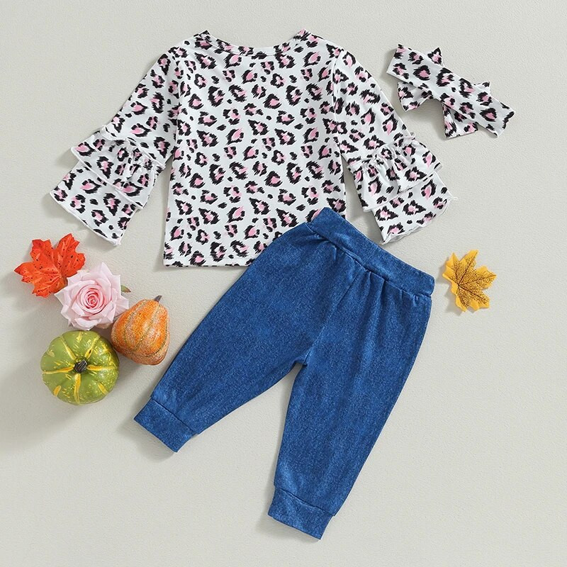 Kislány őszi ruhák sütőtök leopárdmintás fodrok hosszú ujjú pólók felsők nadrág fejpánt 3 db Halloween ruha szett