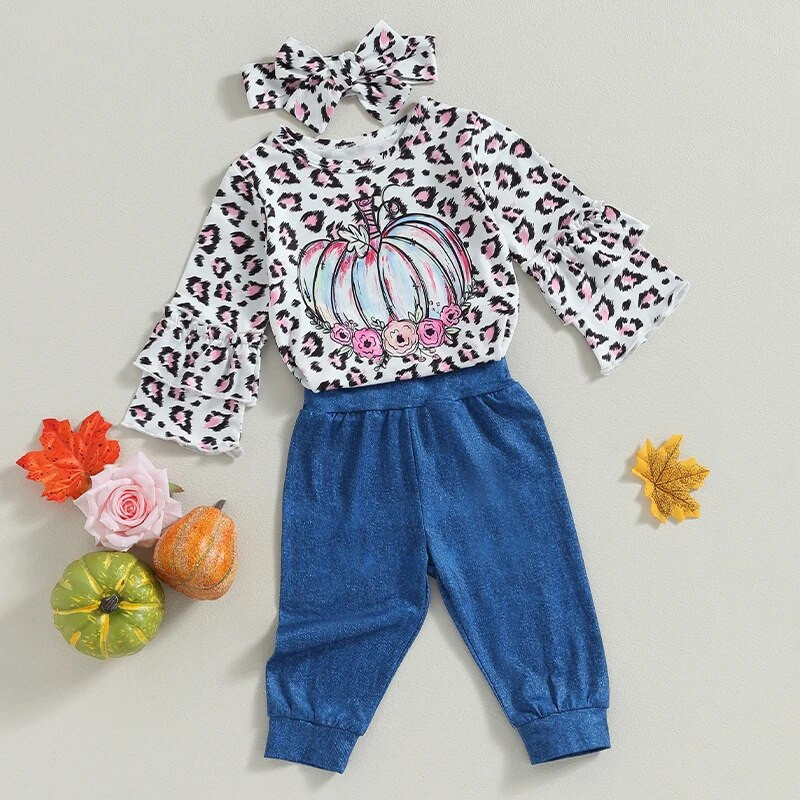 Kislány őszi ruhák sütőtök leopárdmintás fodrok hosszú ujjú pólók felsők nadrág fejpánt 3 db Halloween ruha szett