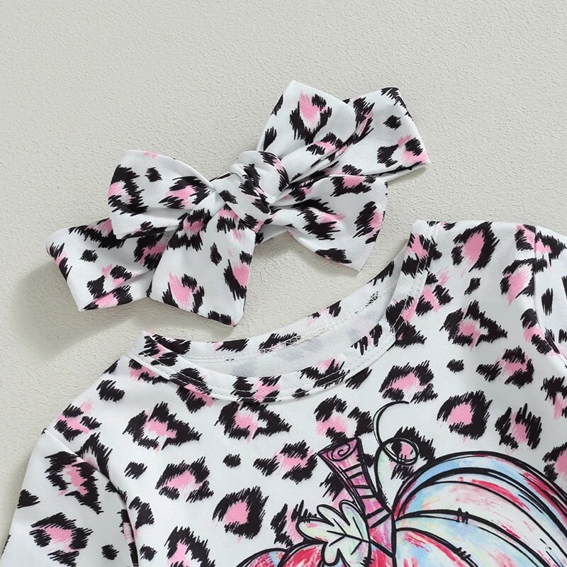 Kislány őszi ruhák sütőtök leopárdmintás fodrok hosszú ujjú pólók felsők nadrág fejpánt 3 db Halloween ruha szett