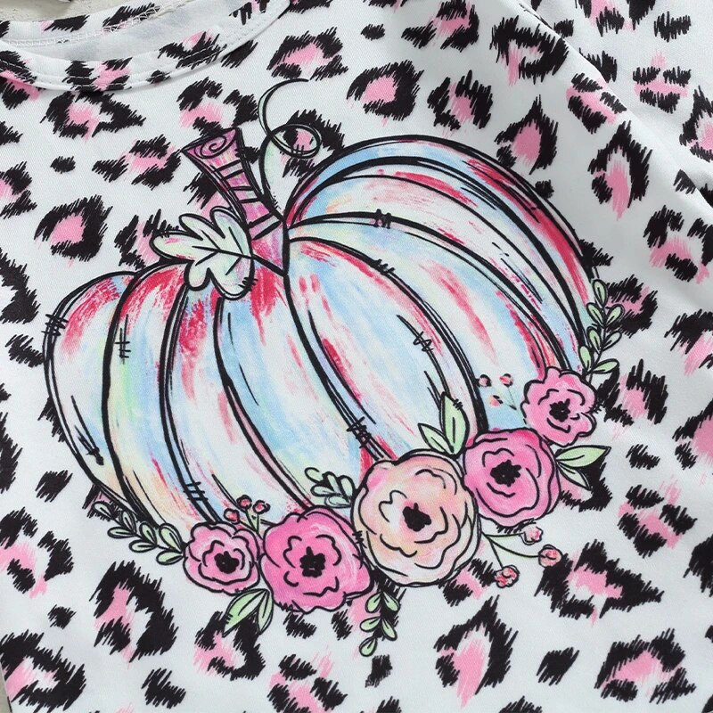 Kislány őszi ruhák sütőtök leopárdmintás fodrok hosszú ujjú pólók felsők nadrág fejpánt 3 db Halloween ruha szett