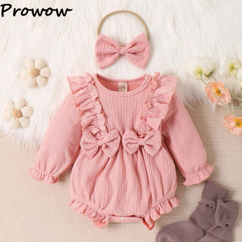 Prowow 0-18M őszi téli babaruhák lányoknak Kötött tömör fodros body csecsemőknek Bowknot nadrág újszülött pizsama