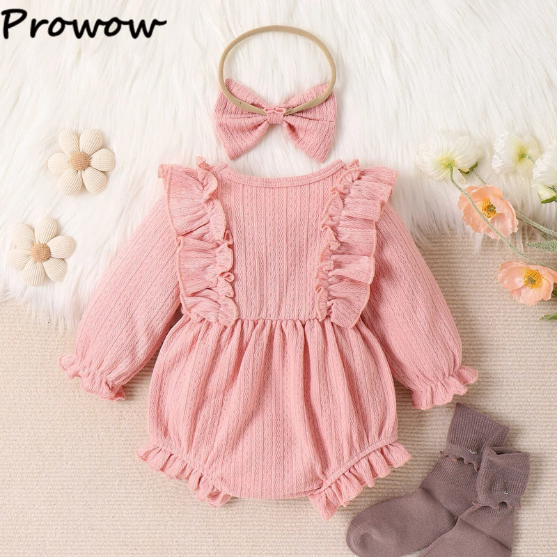 Prowow 0-18M őszi téli babaruhák lányoknak Kötött tömör fodros body csecsemőknek Bowknot nadrág újszülött pizsama