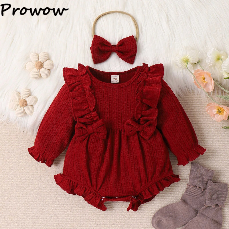 Prowow 0-18M őszi téli babaruhák lányoknak Kötött tömör fodros body csecsemőknek Bowknot nadrág újszülött pizsama