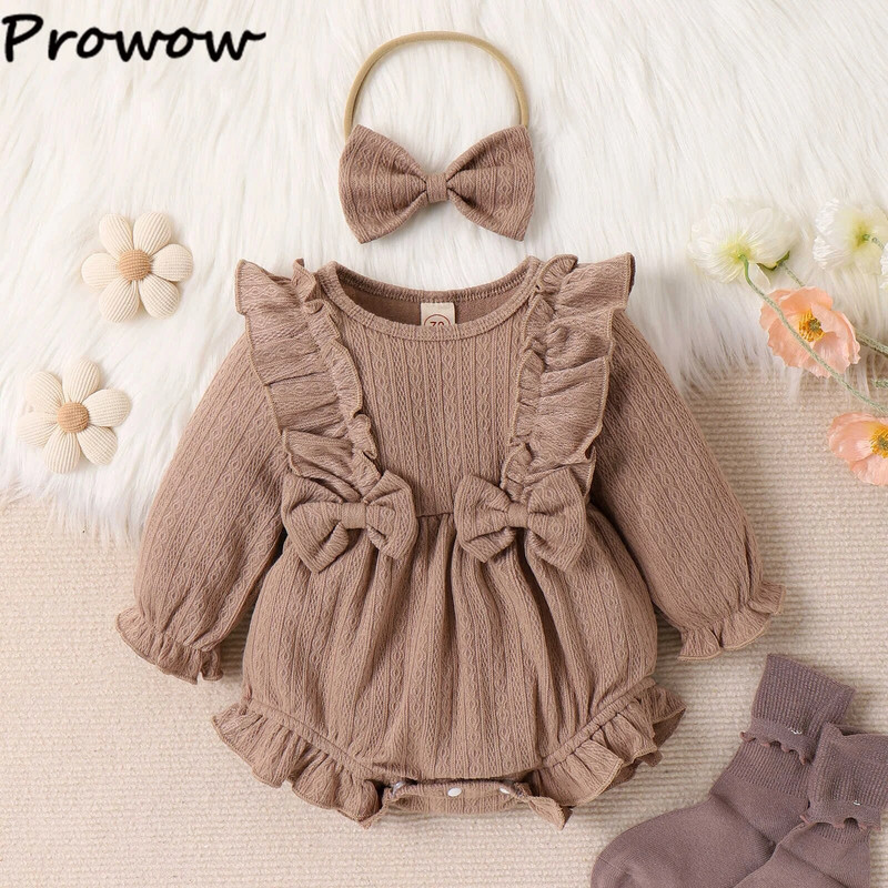 Prowow 0-18M őszi téli babaruhák lányoknak Kötött tömör fodros body csecsemőknek Bowknot nadrág újszülött pizsama