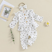 Kisgyermek kislány ruhák pamut vászon ruha Fodor hosszú ujjú gomb lefelé felső nadrág fejpánt aranyos 3 db-os ruha szett