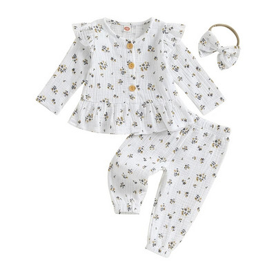 Kisgyermek kislány ruhák pamut vászon ruha Fodor hosszú ujjú gomb lefelé felső nadrág fejpánt aranyos 3 db-os ruha szett