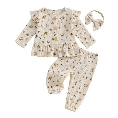 Kisgyermek kislány ruhák pamut vászon ruha Fodor hosszú ujjú gomb lefelé felső nadrág fejpánt aranyos 3 db-os ruha szett