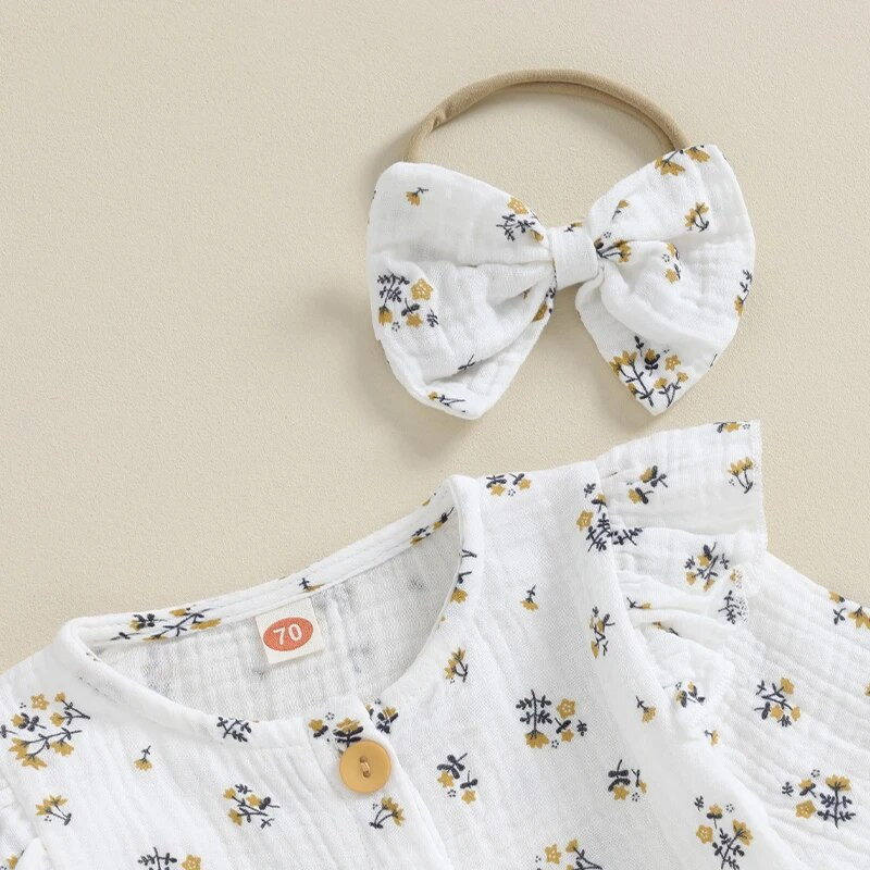 Kisgyermek kislány ruhák pamut vászon ruha Fodor hosszú ujjú gomb lefelé felső nadrág fejpánt aranyos 3 db-os ruha szett