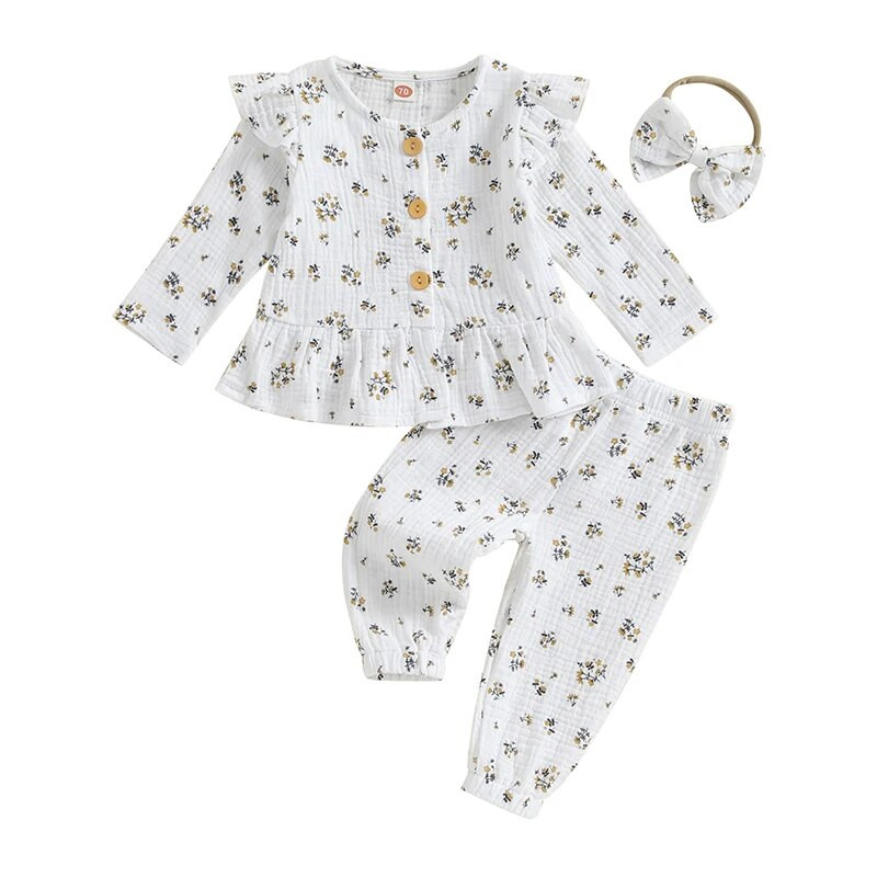 Kisgyermek kislány ruhák pamut vászon ruha Fodor hosszú ujjú gomb lefelé felső nadrág fejpánt aranyos 3 db-os ruha szett