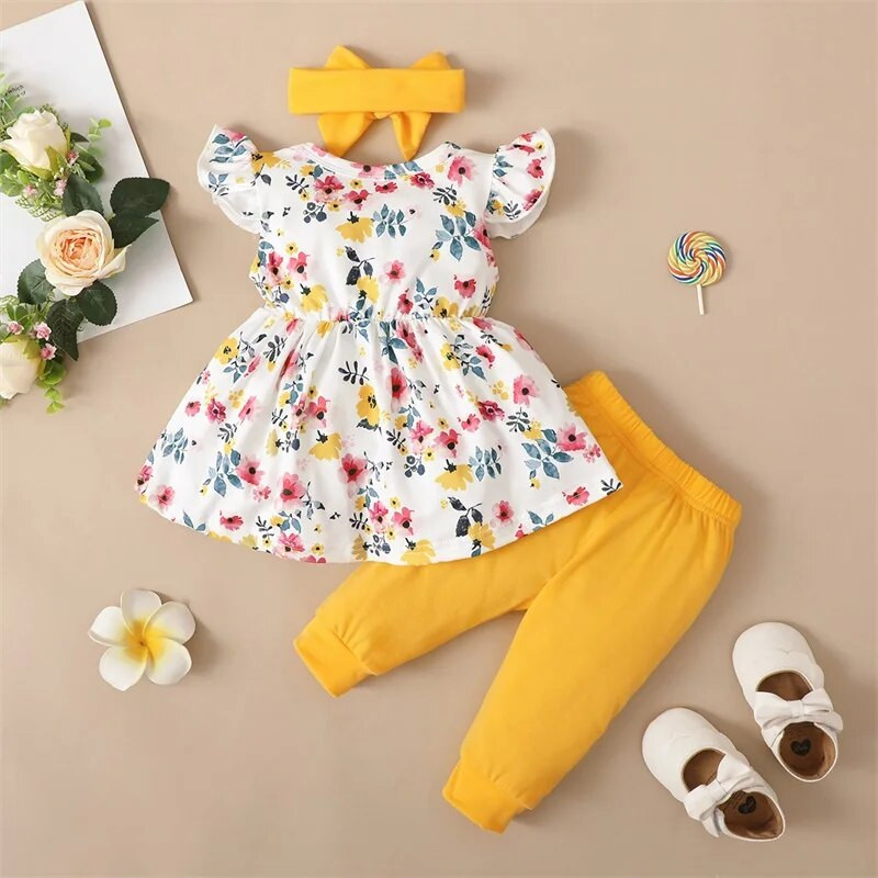3 DB tavaszi őszi babaruha szett Ujjatlan virágmintás ruha + tömör nadrág Újszülött édes ruhák csecsemőruhák